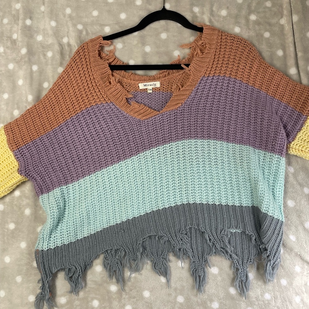 Miracle Pastel Striped V-Neck Distressed Knit Sweater